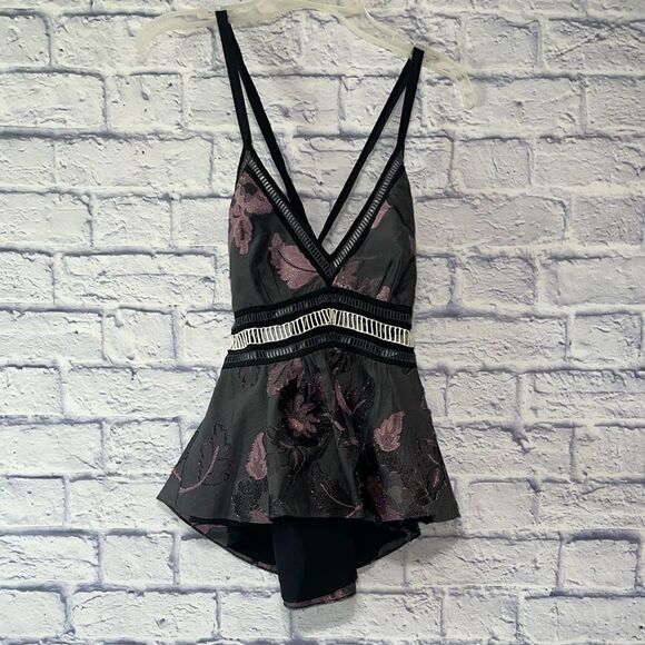 Metallic Floral Fil Coupe Peplum Tank, Black/Camellia - Picture 12 of 14